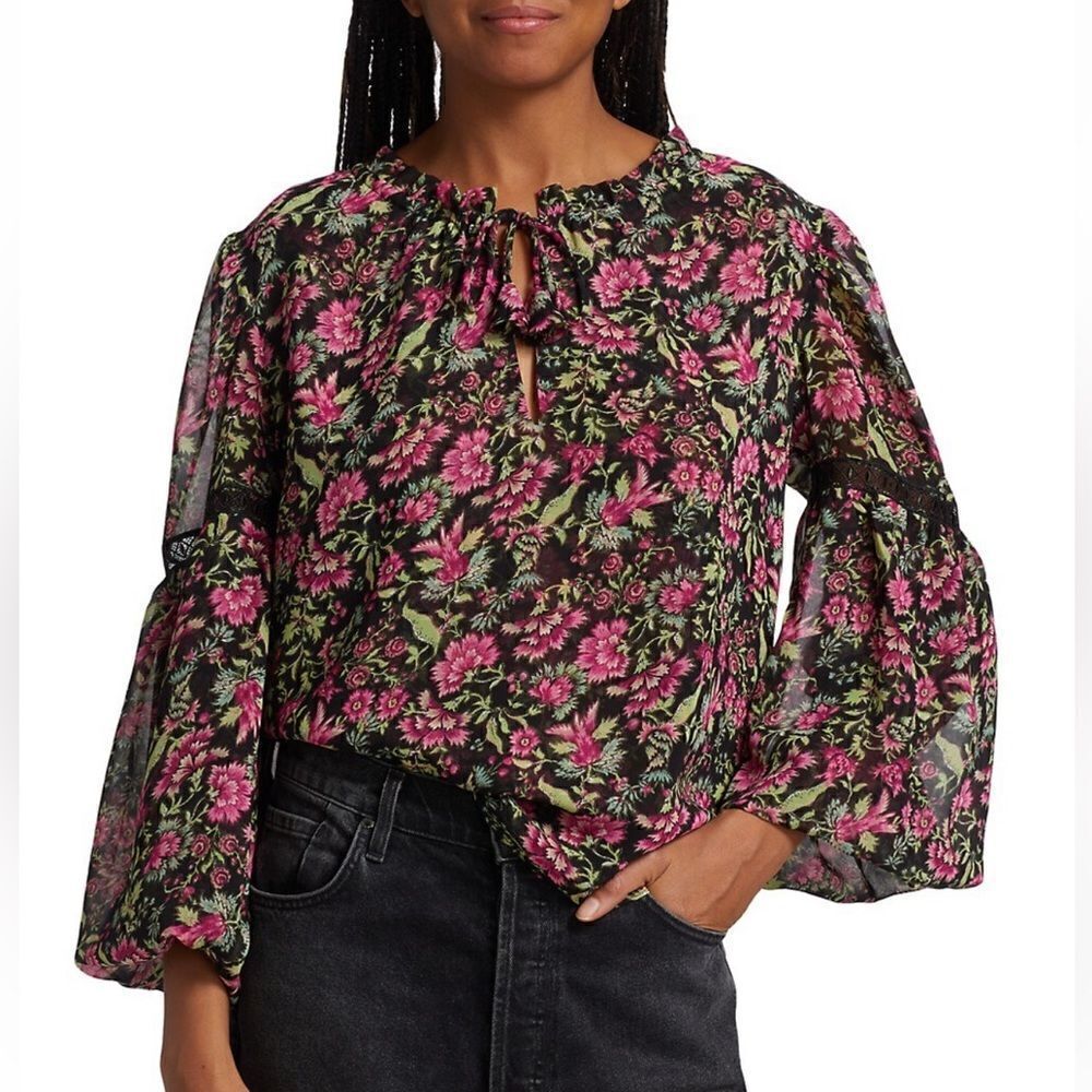NWT MISA Los Angeles Alicia Floral Flare-Sleeve Blouse Small